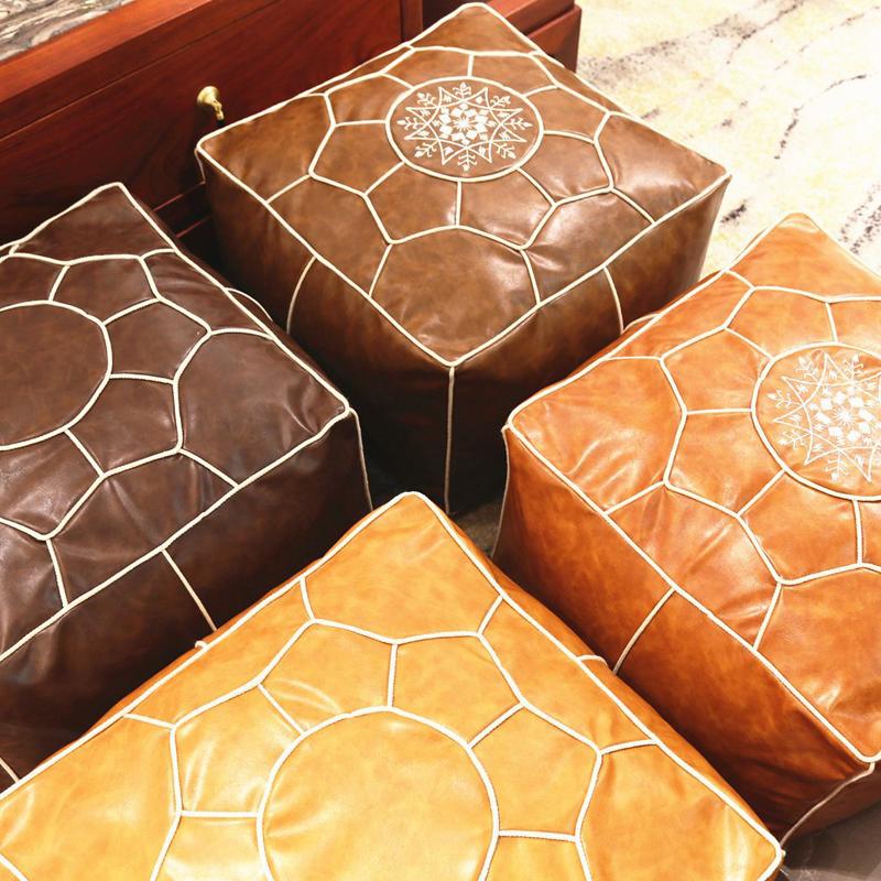 Embroider Craft Moroccan Cushion PU Leather Pouf Floor Seat Hassock Ottoman Footstool Large Unstuffed Tatami Cushion Futon