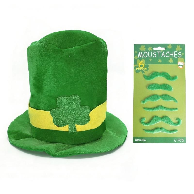 Green Irish Festival Hat with 6 Artificial Moustaches Beards Patricks Day Cosplay Hat for Men Women Festival Celebration
