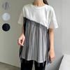 Хорошая ткань японский летний топ женский простой повседневный сетчатый сращивающийся короткий рукав круглый вырез пуловер футболка