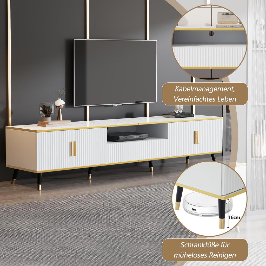 TV Schrank, 4 Fächern 1 Schublade Offenes Fach, Moderner Lowboard 90 Zoll TVs, TV Board Sideboard Möbel Wohnzimmer Esszimmer, 200x40x46cm, Weiß