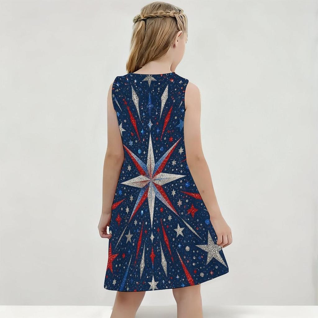 Little Girls Round Neck Sleeveless White Printed A Line Flared Dress