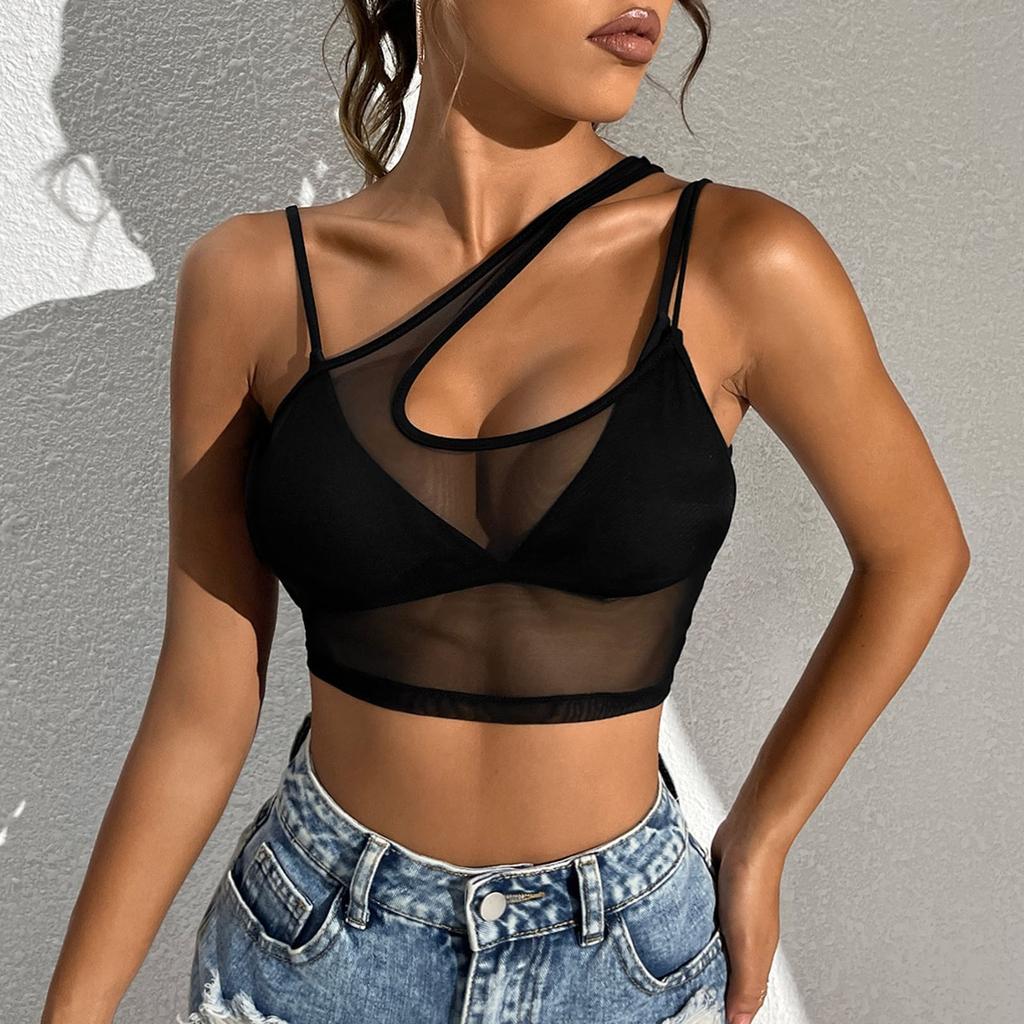 Женский сексуальный кружевной сетчатый облегающий топ с нерегулярными плечами и кружевным топом