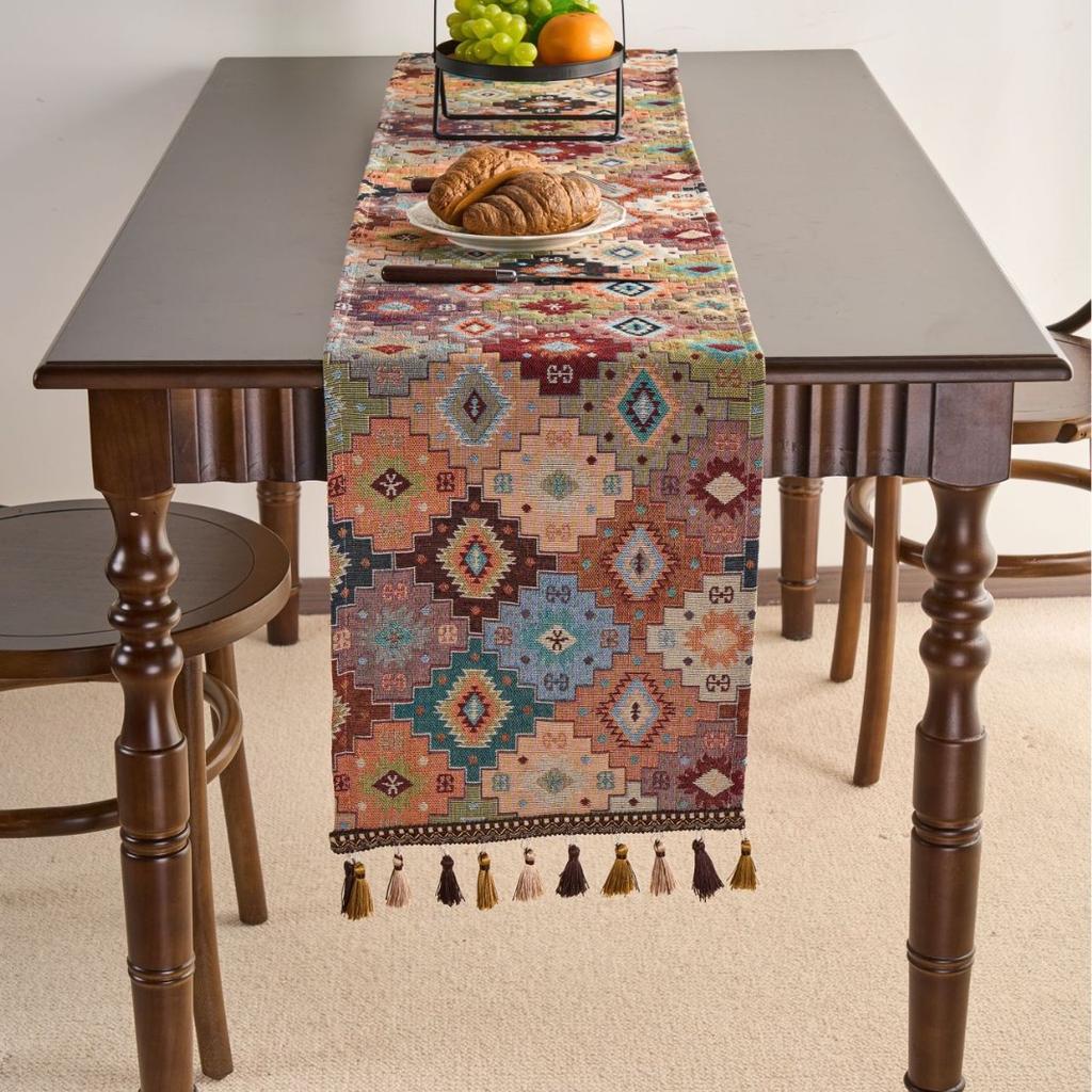 Jacquard Tassel Table Runner Long Strip Thick Wear-resistant Retro Countryside Home Kitchen Restaurant Decoration Table Runner
