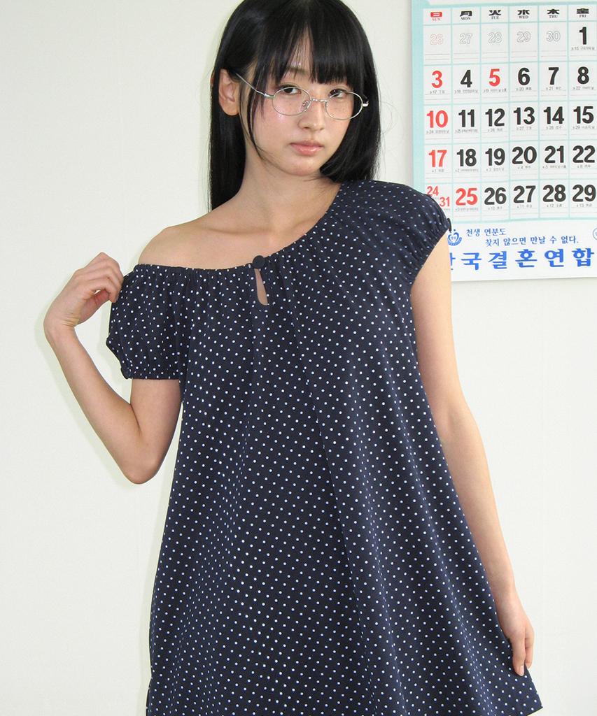 Ronron Button Puff Shirring Dress Navy Dot