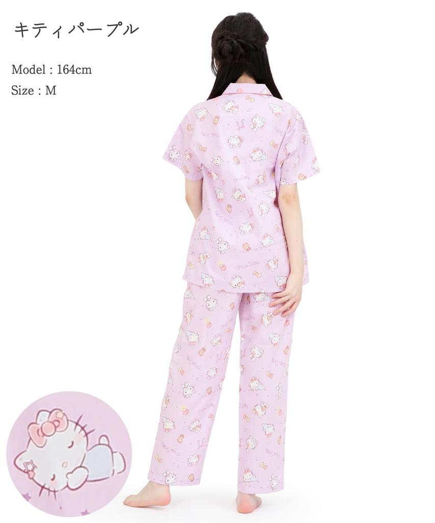 SAZAC Sleepy Hello Kitty Shirt Cotton Short Sleeve and Long Pants Set Pajamas, 100% Broadcloth, Women's (Purple/M/SAN1945)