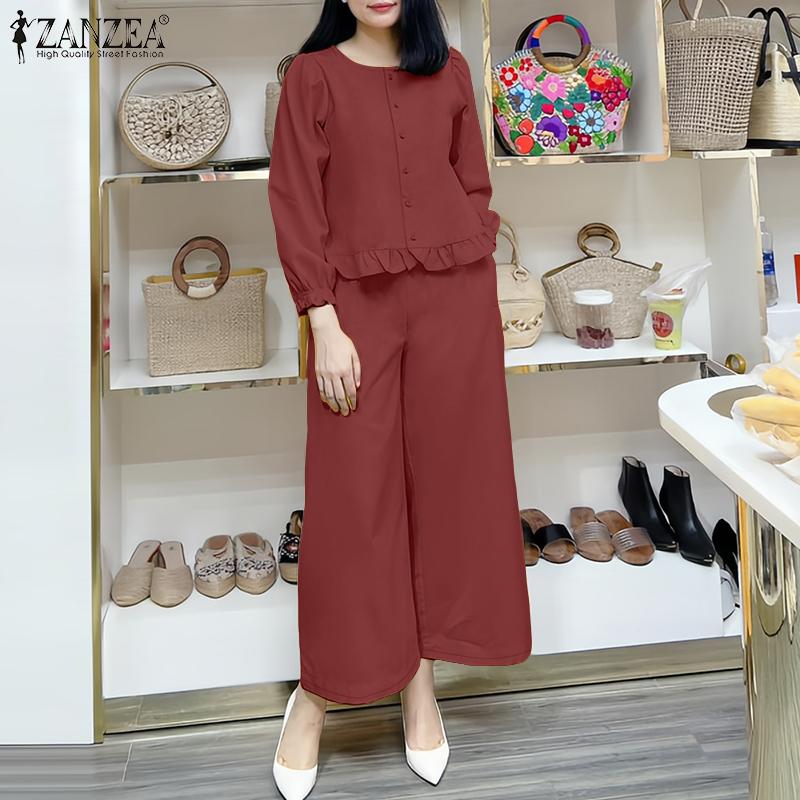 ZANZEA Женский повседневный костюм из двух частей с длинным рукавом и брюками
