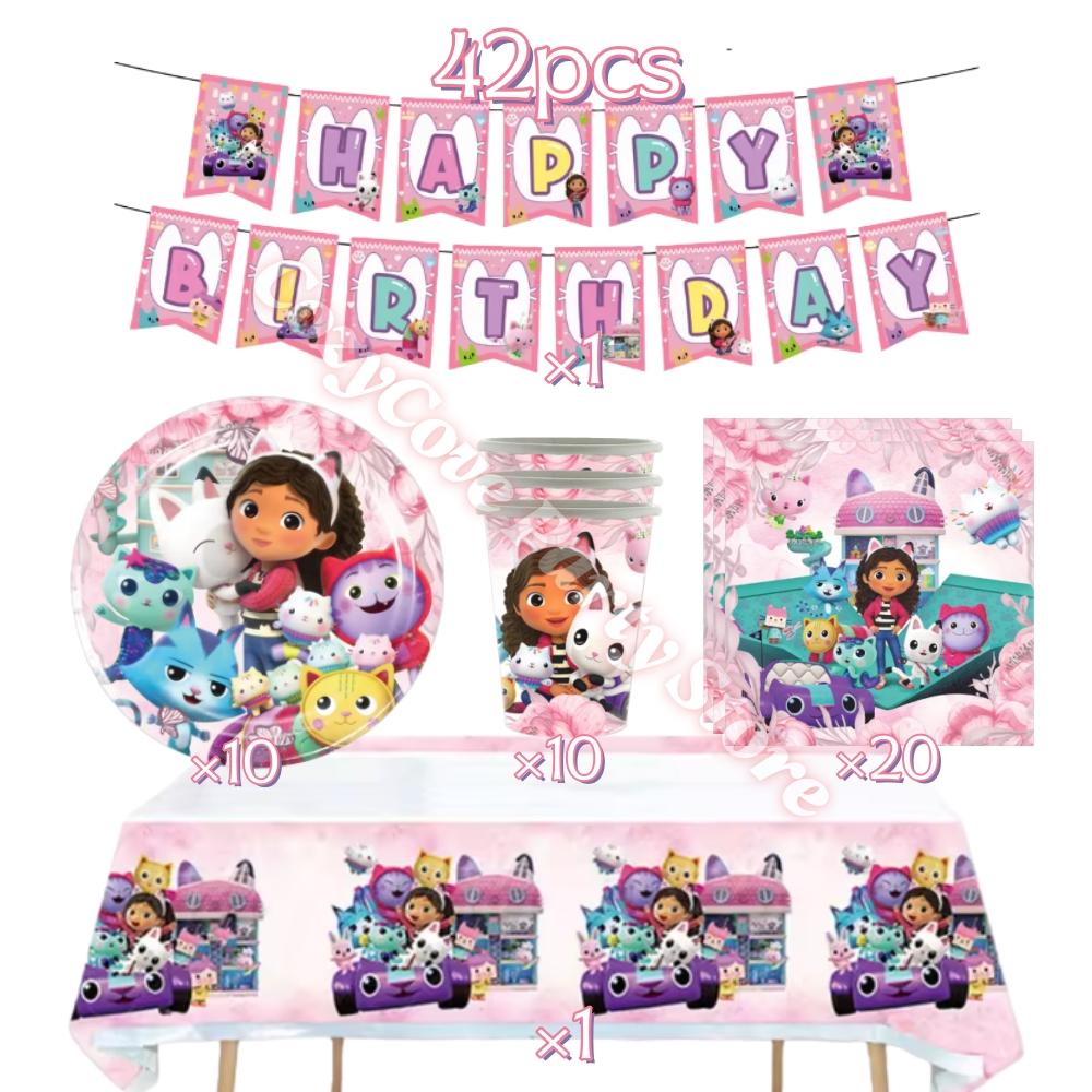 Gabby Dollhouse Birthday Party Decoration Gabby Tableware Bracelets Stikers Cake Topper Balloons For Kids Party Gift Photo Booth