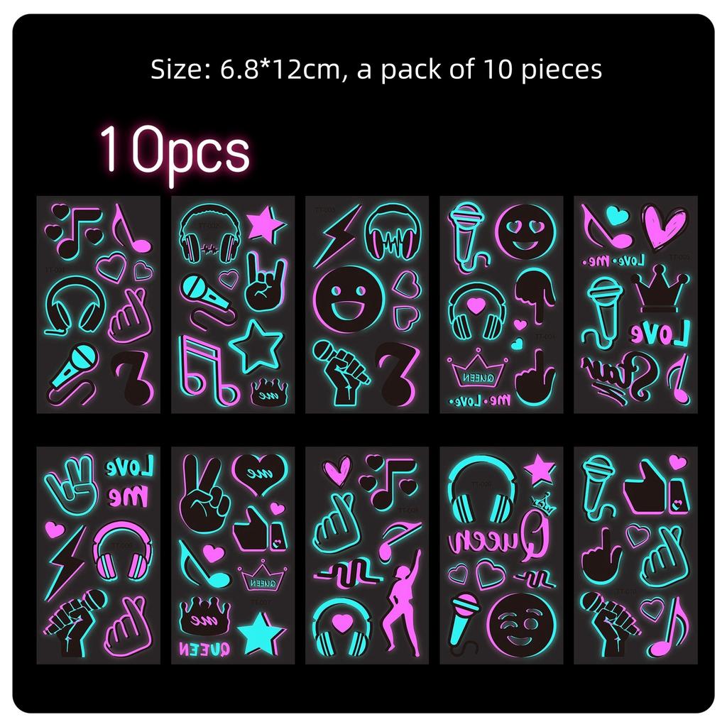 10-Piece Set: Neon Party Stickers (Music / Heart Style), Suitable For Music Festivals And Parties
