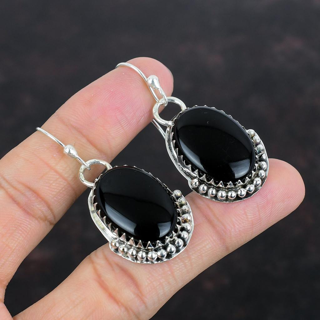 Серьги из черного оникса, серьги из натурального драгоценного камня, серьги из стерлингового серебра 925 пробы, серьги ручной работы, ювелирные изделия из черного оникса, подарки для жены, антикварная серьга