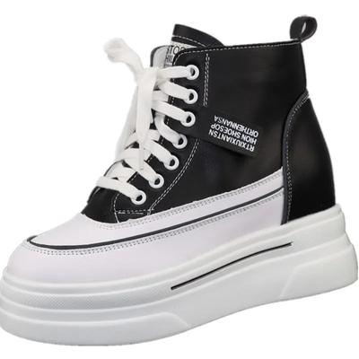 Модные кожаные туфли на толстой подошве с высоким берцем для женщин 2024 года, осень-зима, новые модные повседневные кроссовки с застежкой-молнией и увеличенной высотой 8 см