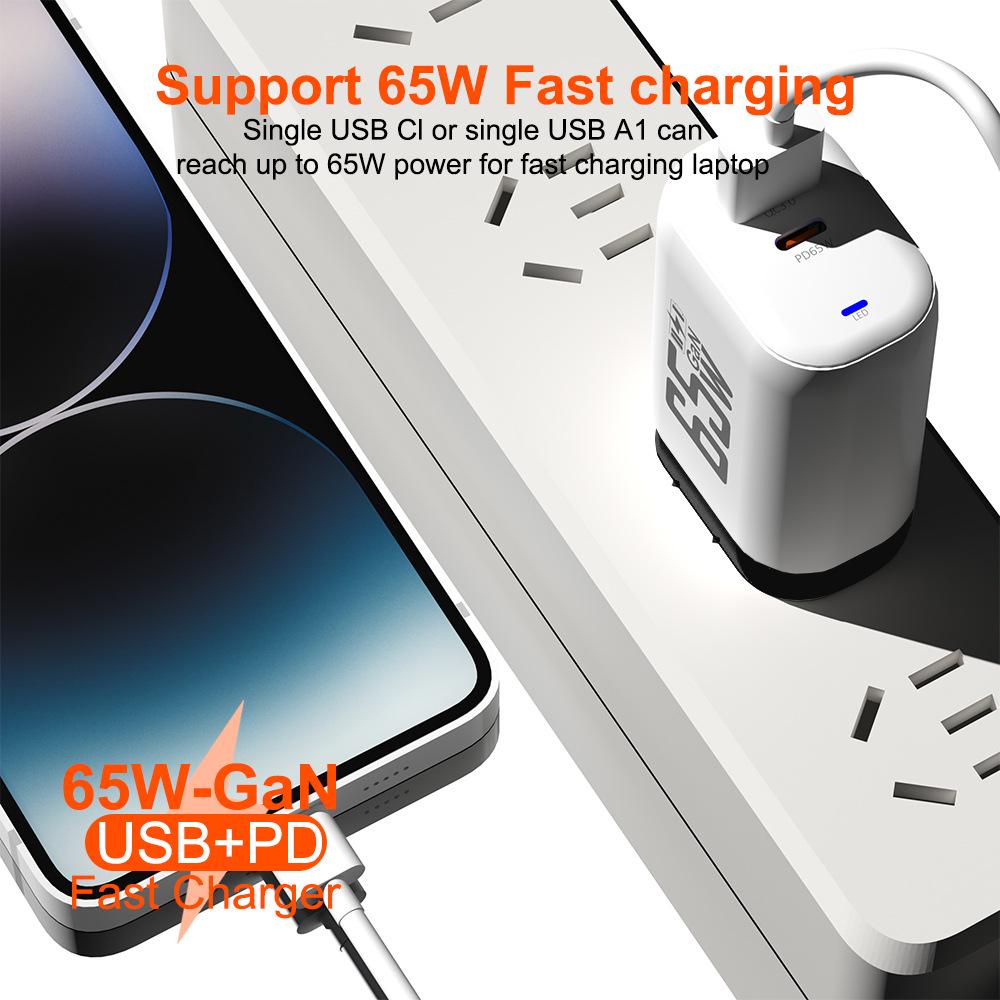 65W GaN Fast Charger: QC 3.0 & PD with 9V/12V for EU/US, Ideal for Laptops & USB Devices