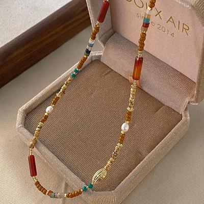 Ожерелье из красного родонита Гуо Хуан - Ожерелье-цепочка для свитера из натурального камня, аксессуары для ключицы для новогодних торжеств.