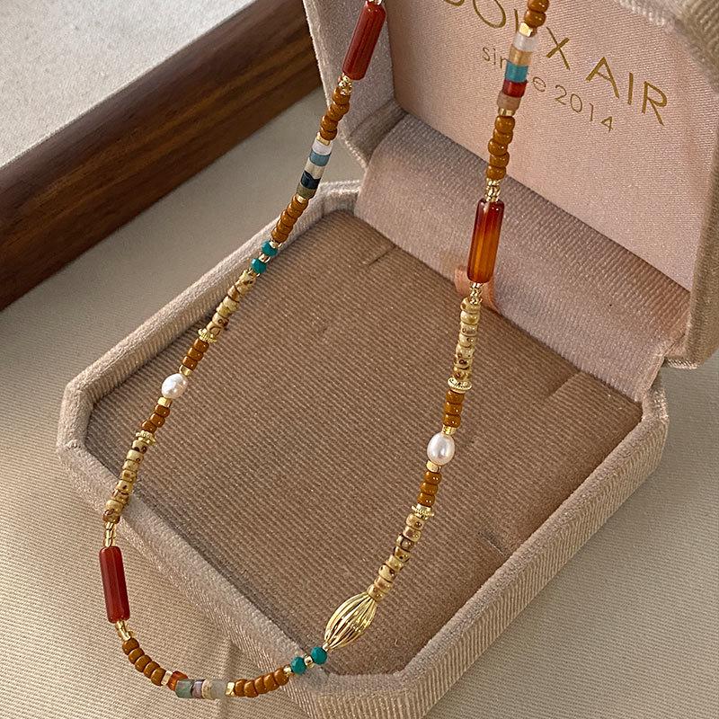 Ожерелье из красного родонита Гуо Хуан - Ожерелье-цепочка для свитера из натурального камня, аксессуары для ключицы для новогодних торжеств.