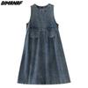 Dimanaf Плюс Размер Осеннее Платье Джинсовая Безрукавка Женская Элегантная Хлопковая Верхняя Одежда Длинное Платье Свободная Повседневная Одежда Оверсайз A