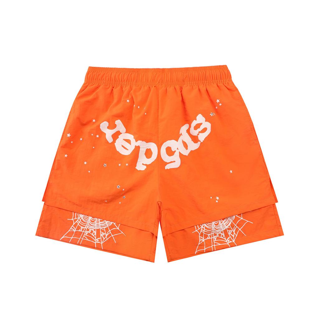 Cross-border European and American trendy brand sp5de spider web letter fake two-piece casual shorts men's and women's high street sports 