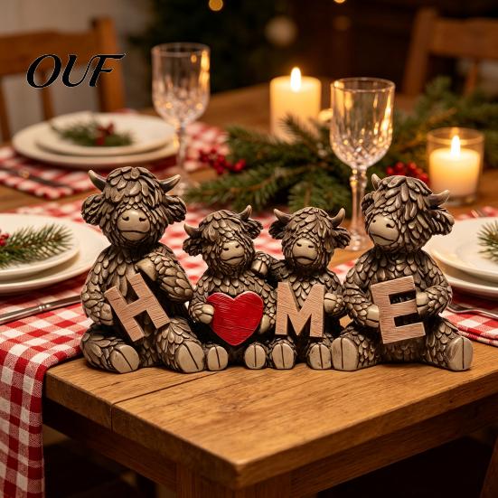 Gift for Family Members Highland Cow Figurine, Resin Cattle Statue Holding HOME Letter Sign, Stable Table Decoration Farmhouse Tabletop Ornament,