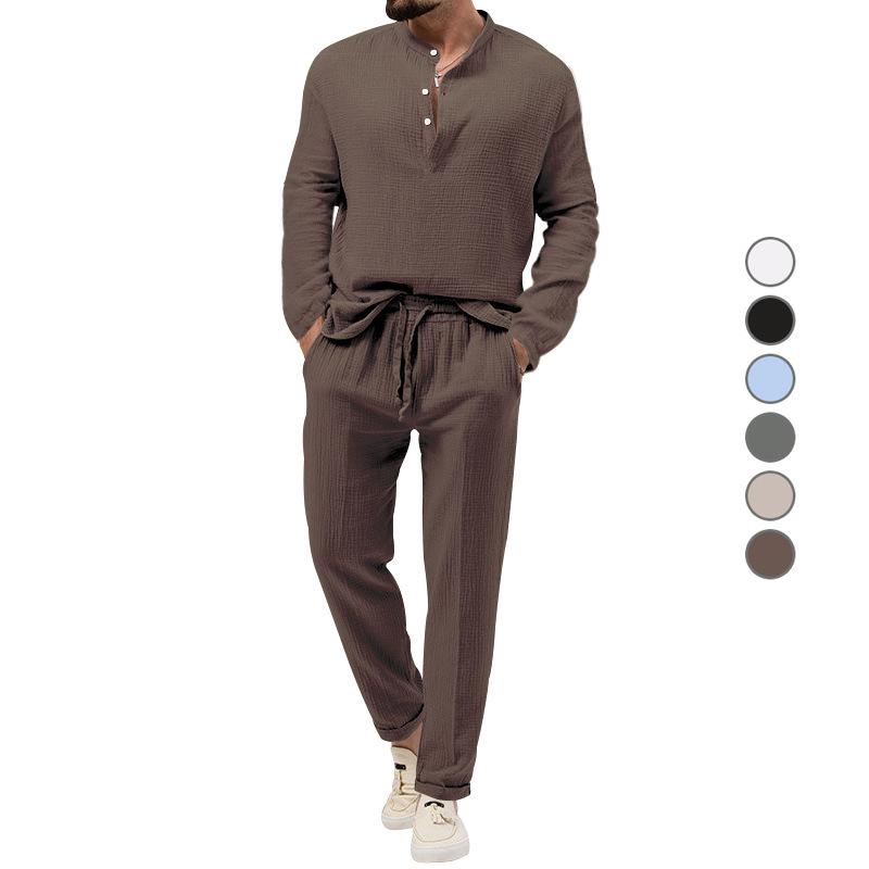 Men's Spring and Autumn 2 Piece Long Sleeve Shirt and Long Pants Set Casual Solid Stand Collar Drawstring Tracksuit