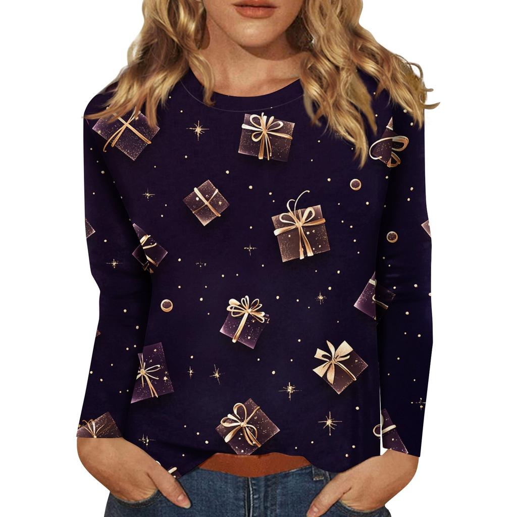Рубашки с длинным рукавом для женщин Милые принты Футболки Блузки Повседневные Большие размеры Базовые топы Пуловеры Рождественские