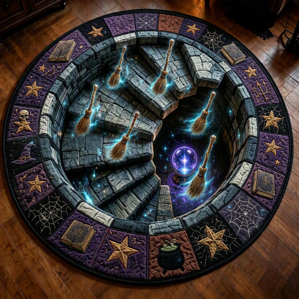 3D Illusion Halloween Round Rug Witch Ghost Black Cat Mummy Demon Magic Pattern Decorative Floor Mat Living Room Bedroom Indoor