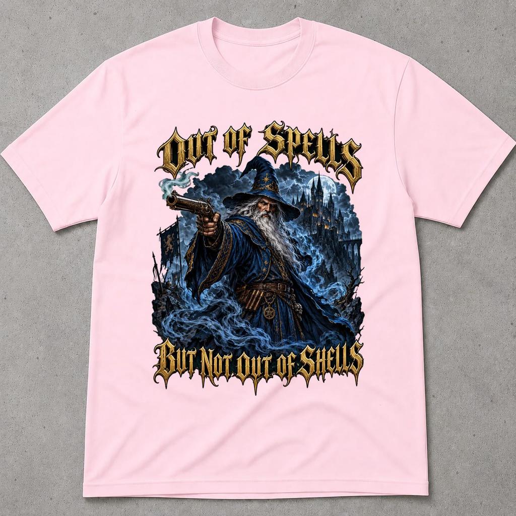 Castle Pistol Sorcerer Shirt, Out of Spells But Not Out of Shells, Funny Castle Wizard Humor Tee, Fantasy Mage Art, Retro Novelty Gift