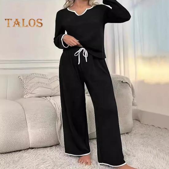 2 шт./комплект женский топ брюки комплект V-образный вырез длинный рукав толстовка эластичный пояс широкие спортивные штаны спортивный наряд осенний повседневный спортивный костюм