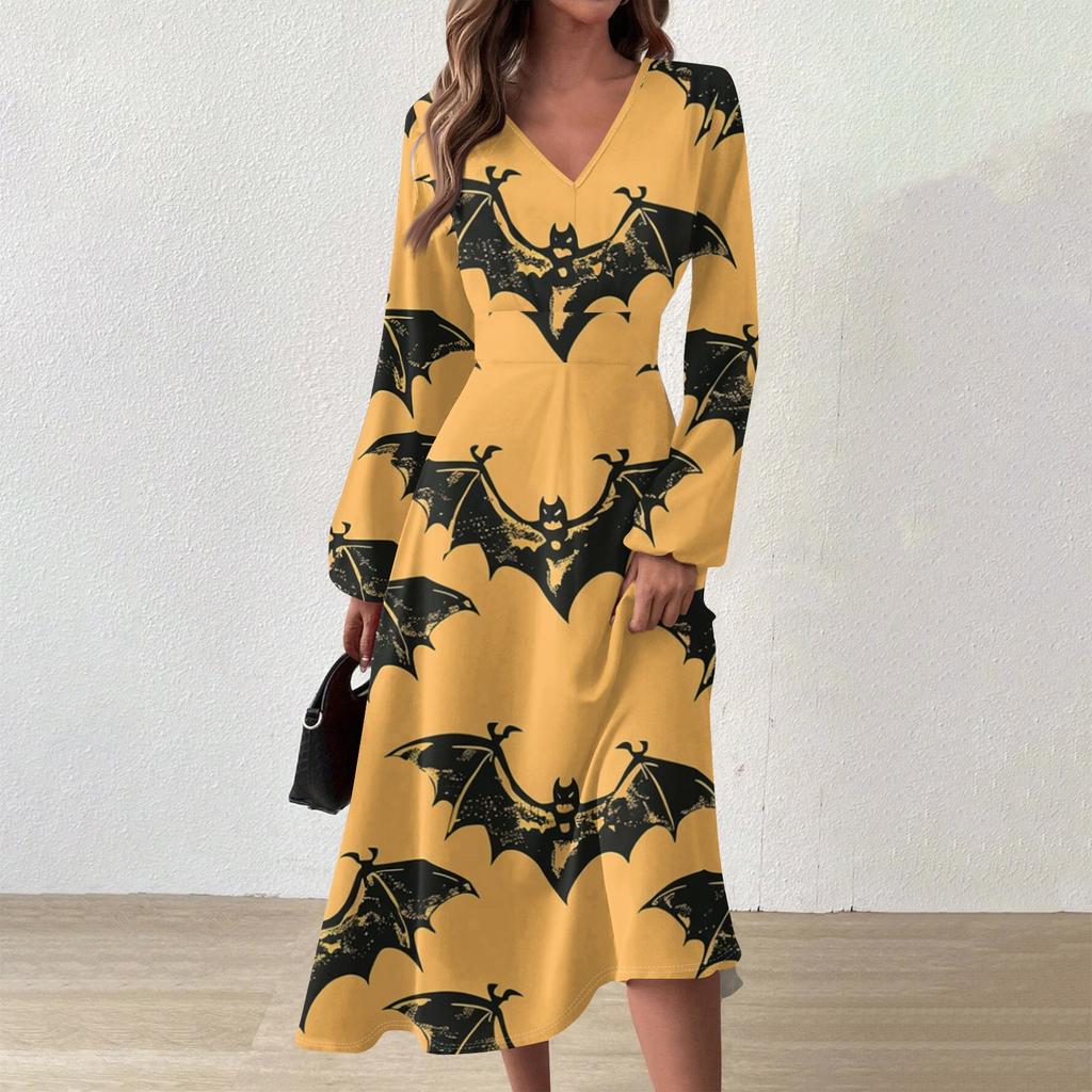 Женское осенне-зимнее повседневное модное длинное платье с v-образным вырезом и длинным рукавом с принтом