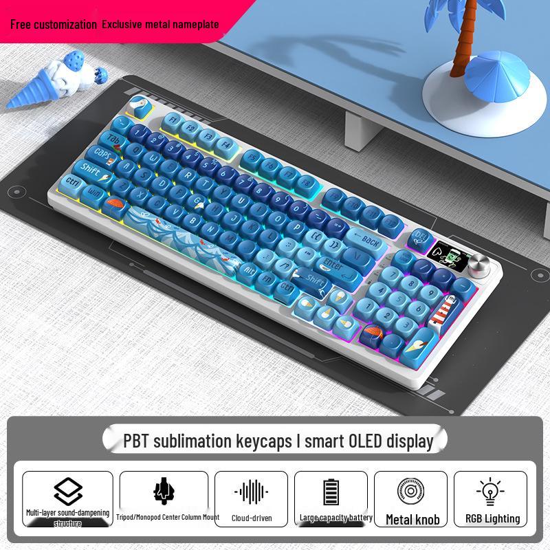 98-клавишная RGB беспроводная Bluetooth механическая клавиатура с тройным режимом - Игровая, для киберспорта и офиса, с настраиваемым экраном