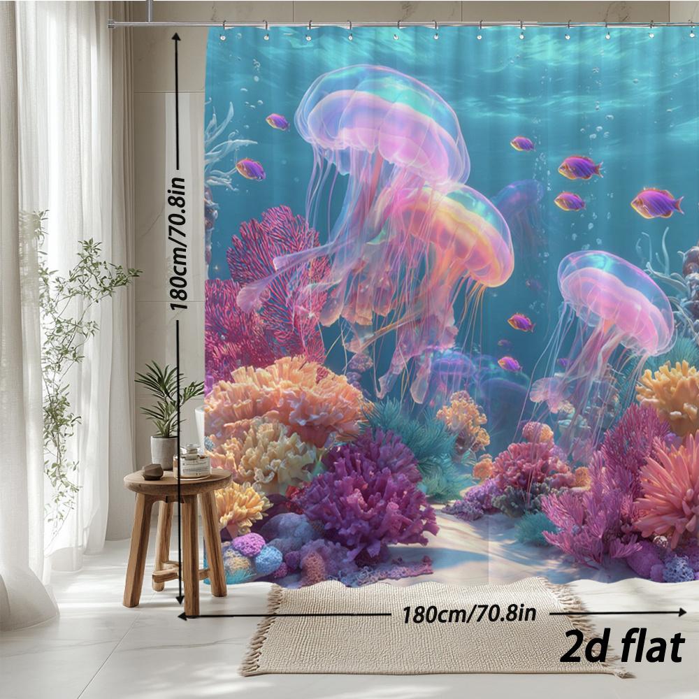 Шторка для душа «Медузы и коралловый риф» – Мечтательная подводная сцена, Полиэстер, Декор для ванной 70,8x70,8 дюйма, Можно стирать в машине, 12 крючков