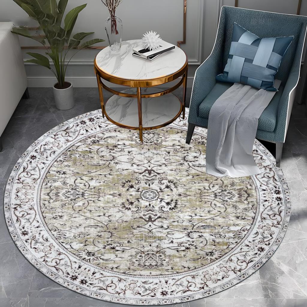 Luxury Floral Round Area Rug Vintage Bohemian Style for Living Room Bedroom Decor Soft Non-Slip Carpet