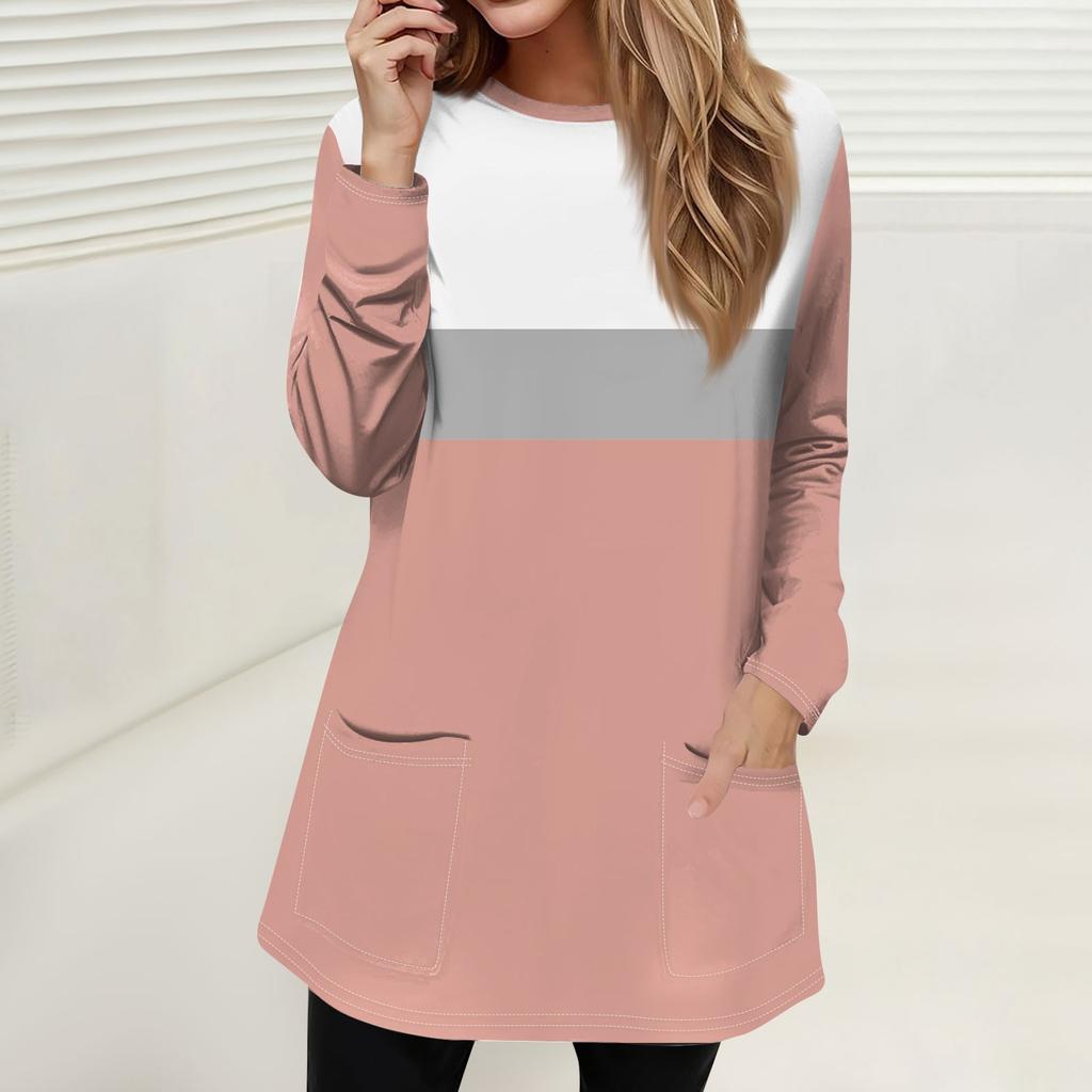 Женская мода повседневный свитер футболка с круглым вырезом карман полосатый пэчворк принтованный топ с длинным рукавом