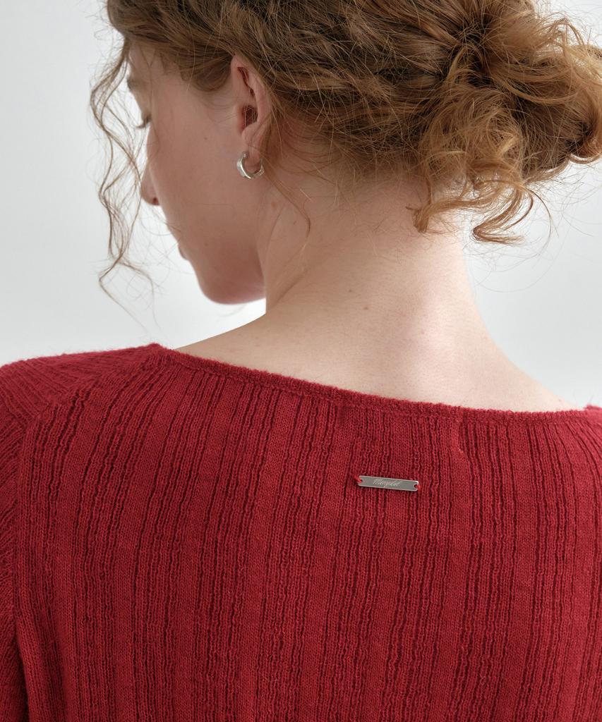 MONGDOL Boat Neck Alpaca Ribbed Knit Top Red Mdkt118Red