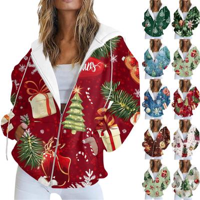 Женская повседневная рождественская печатная толстовка на осень и зиму с длинными рукавами и карманом на молнии с капюшоном