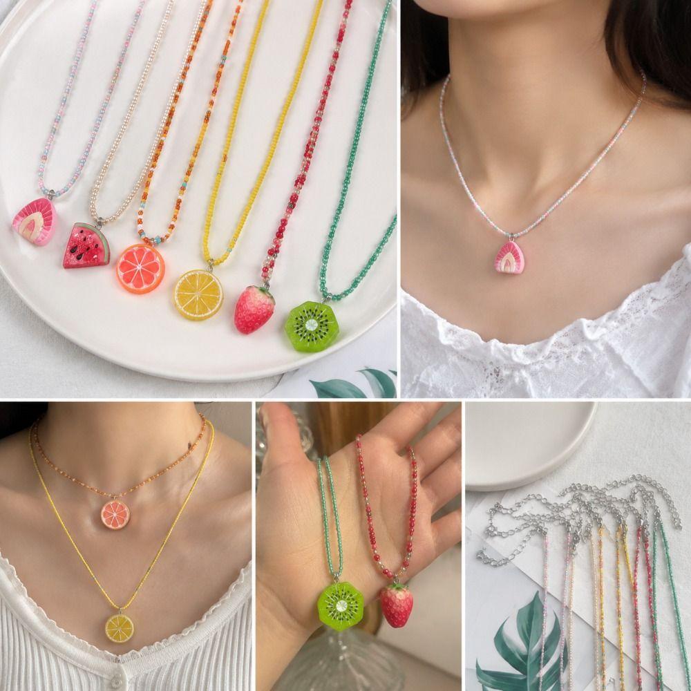 Rice Beads Fruit Pendant Necklace Bohemian Summer Necklace Cute Rice Beads Choker Summer Wear
