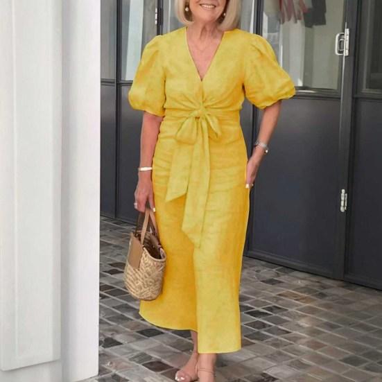 Летнее платье макси с V-образным вырезом, шнуровкой на талии, рукавами-фонариками, однотонное, свободное