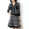 Houndstooth Fashion Knitted Sweater Skirt Two Piece Set Women's Casual Single-breasted Pullover Knit Tops and A-line Skirts Sets