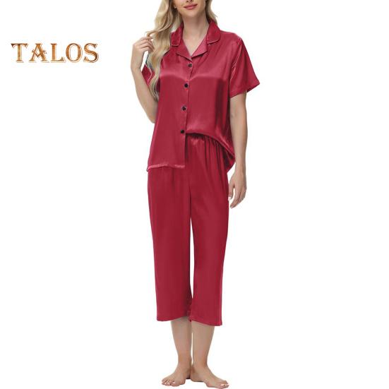 2 шт./комплект пижамы Ice Silk, рубашка с длинным рукавом и застежкой на пуговицы, эластичный пояс, широкие укороченные брюки, домашняя одежда, повседневный наряд, весенняя одежда для сна