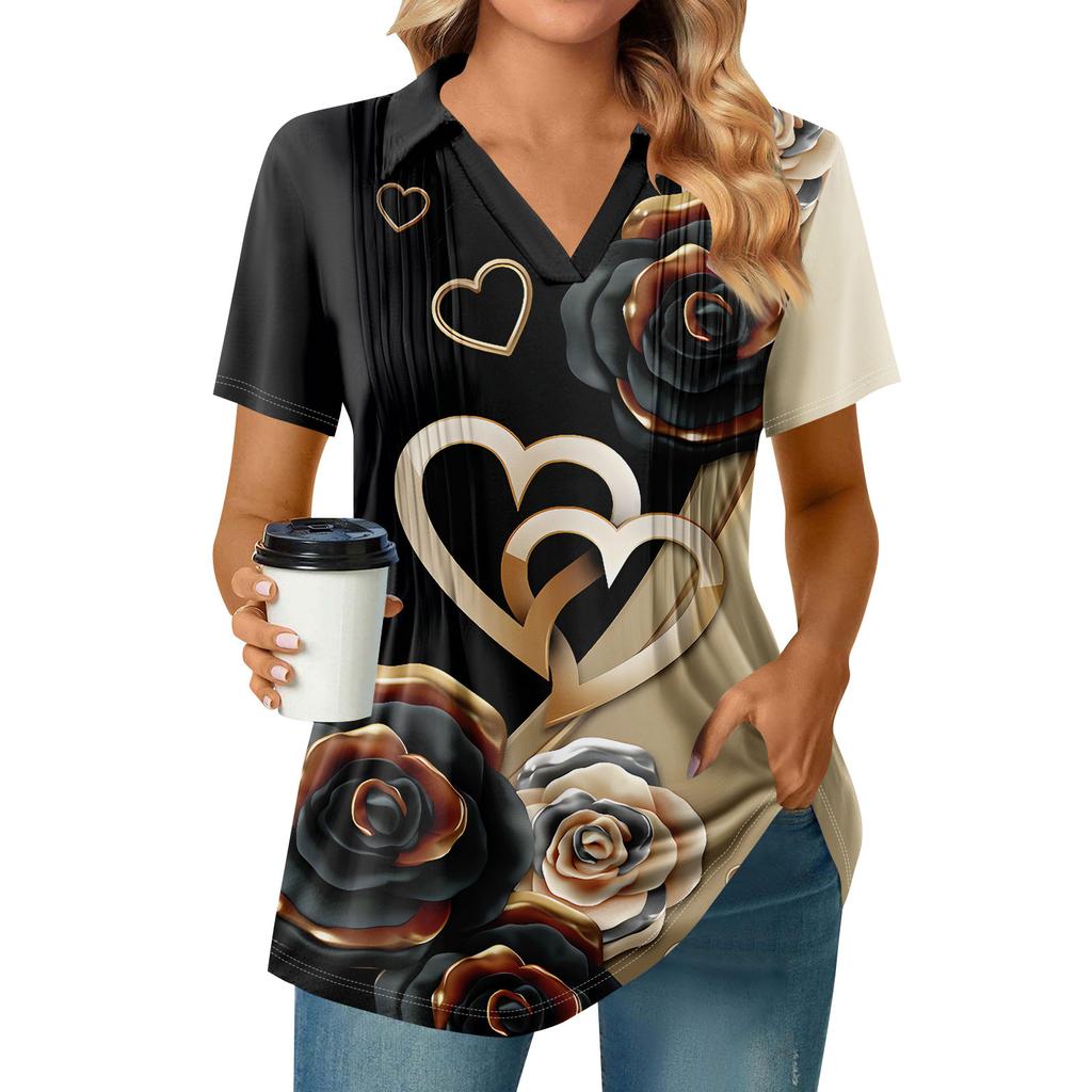 Женские футболки с коротким рукавом, плиссированные, с V-образным вырезом, с принтом, с воротником, летние топы, модные, деловые, повседневные, рабочие