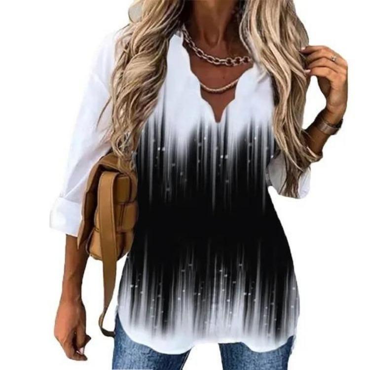 European American Women Summer Long Sleeve Printed Shirt with Wave Collar