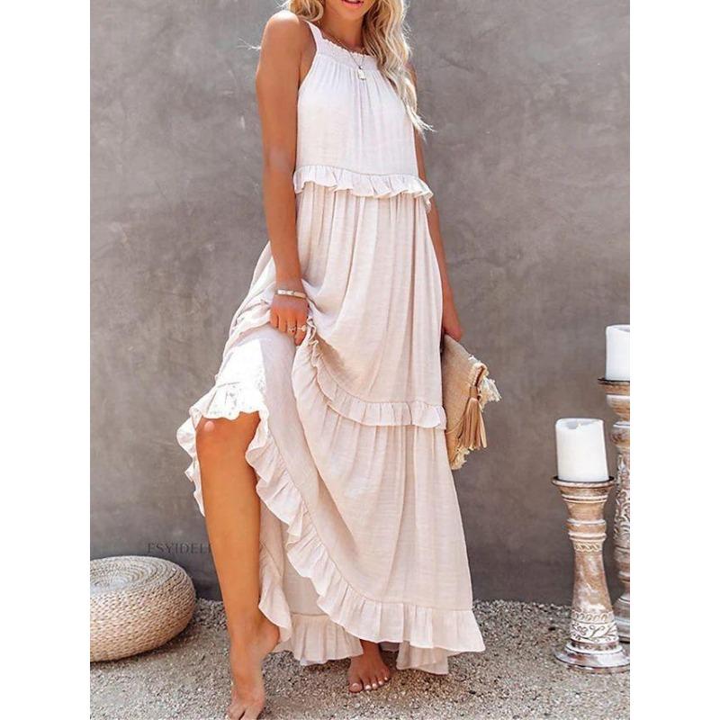 Fashion Elegant Sleeveless Ruffled Maxi Long Dress New O Neck Loose Casual Simple Summer A-line Beach Dresses Female Pleated Solid Color Clothing