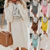 Chic Women Autumn Solid Color O Neck Sweater Fluffy Loose Knee-length Dress
