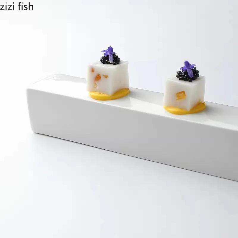 Чисто белая керамическая длинная прямоугольная тарелка, квадратная десертная тарелка, тарелки для суши, тарелки для закусок, специальная посуда для молекулярной кухни