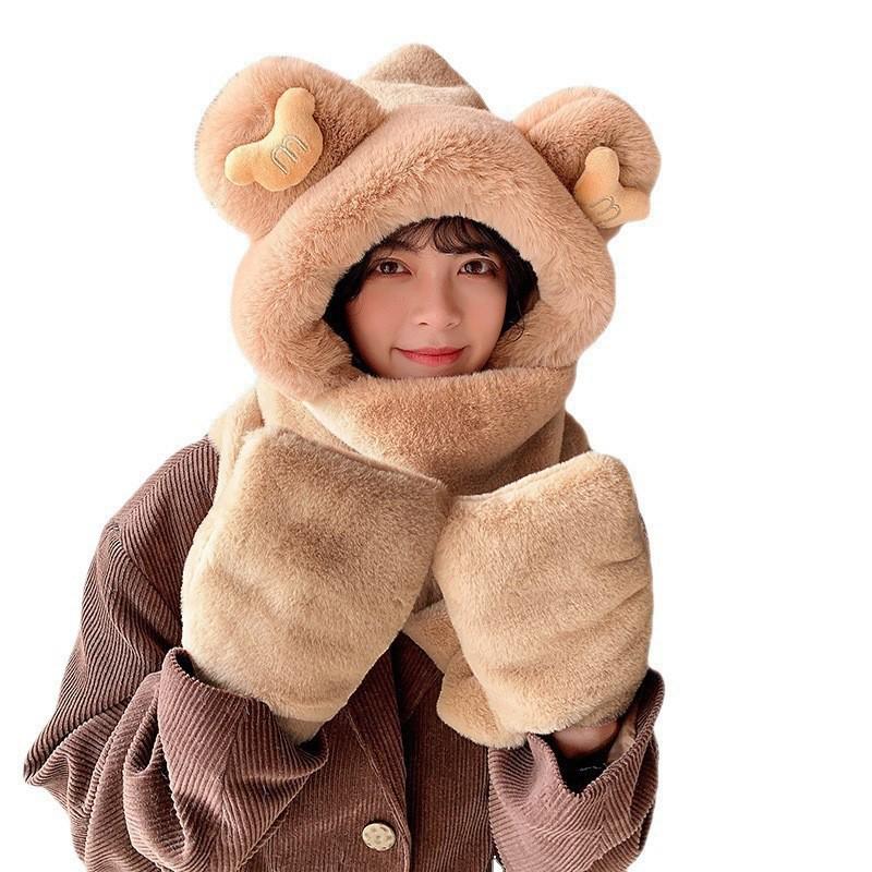 "Women's Winter Little Bear Hat, Scarf, and Gloves Set - Stylish and Warm"