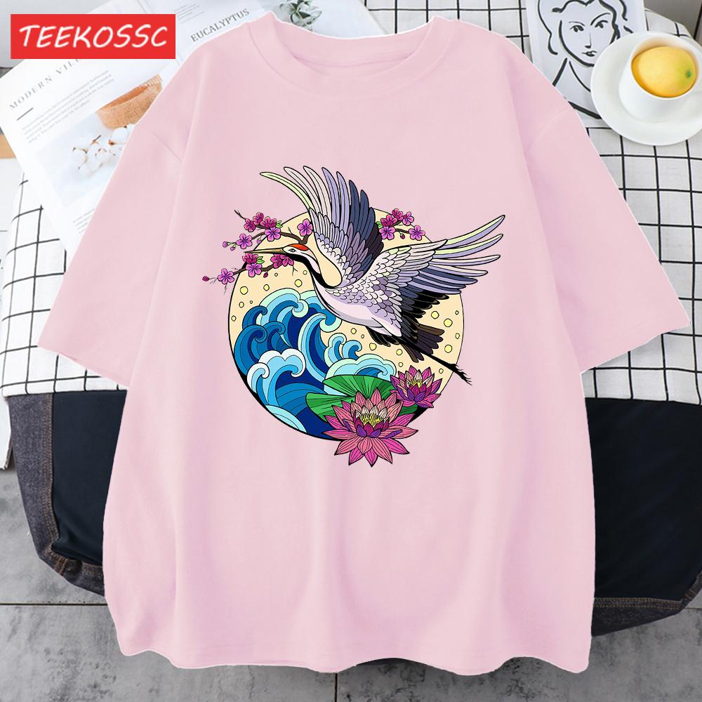 Cranes Enjoy Blooming Flowers Men T Shirts Vintage Fashion Soft Short Sleeve Summer Comfortable TShirt Unisex Cotton Loose Top