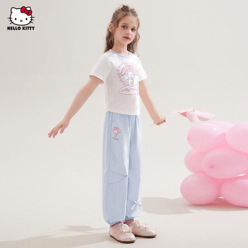 Hello Kitty Girls' Summer Outfit 2025 New Stylish Fashionable Children's Short-Sleeve T-Shirt for Older Girls with Mosquito-Repellent Pants