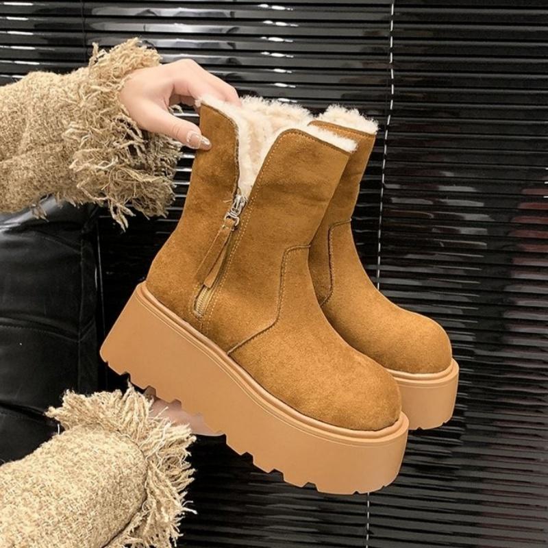 Женские меховые ботильоны на платформе, зимние ботинки на плоской подошве, замшевые теплые плюшевые хлопковые туфли, женская зимняя обувь 2025 года, готические, удобные, нескользящие, Botas Mujer