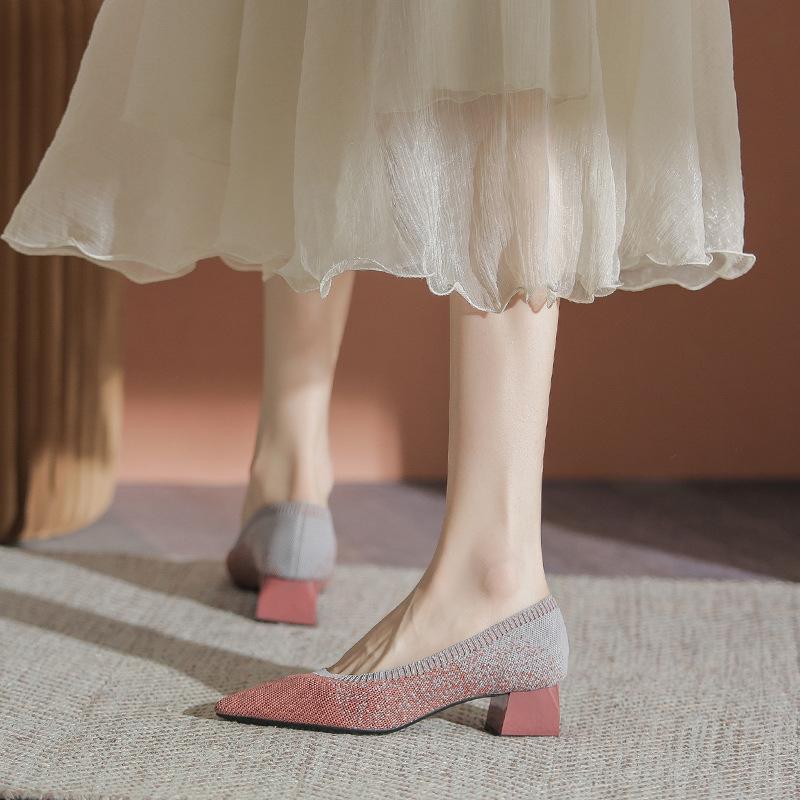 Модные туфли-лодочки женские 2024 новые универсальные вязаные туфли толстые каблуки и острые носки легкие туфли из сетки 40 Zapatos De Mujer