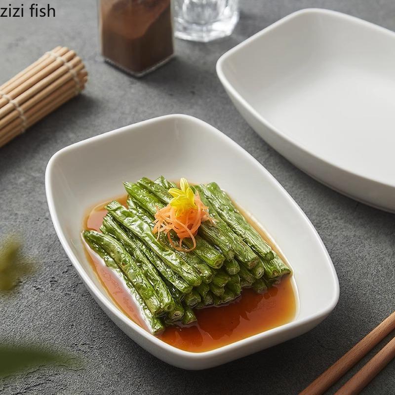 Pure White Deep Long Square Plate Ceramic Salad Plate Thick Soup Plate Dessert Plates Sashimi Plates Hotel Specialty Tableware