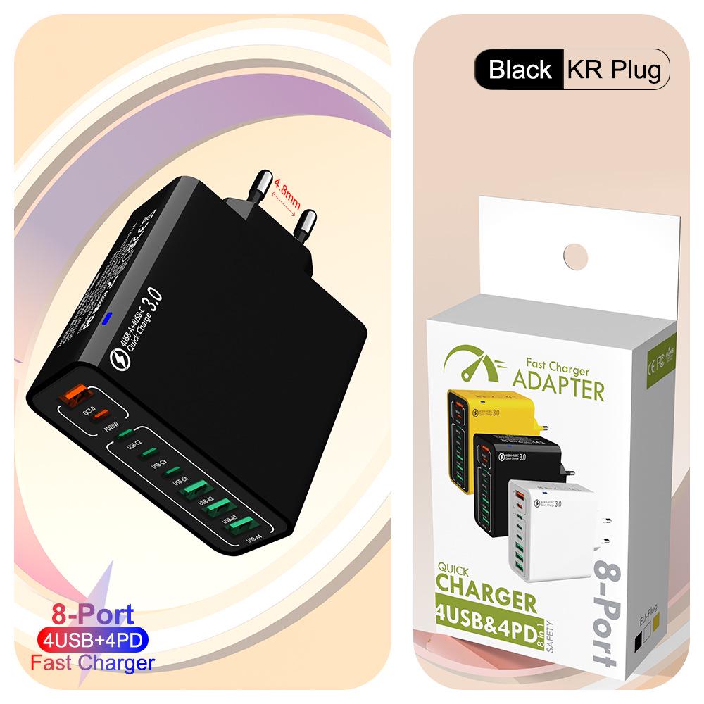 Быстрое зарядное устройство PD 55 Вт на 8 портов: 4 USB, 4 PD, QC3.0, Стандарт EU/US/KR