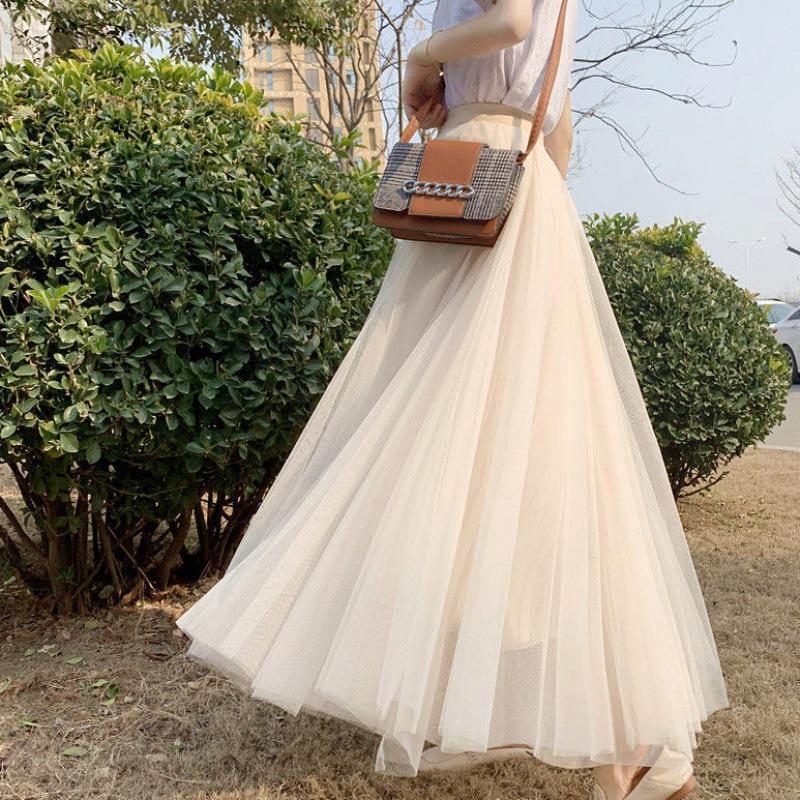 Elastic Waist 3 Layers Mesh Long Tulle Skirt Spring Autumn Elegant Vintage High Waist Ball Gown Gauze Tutu Skirt