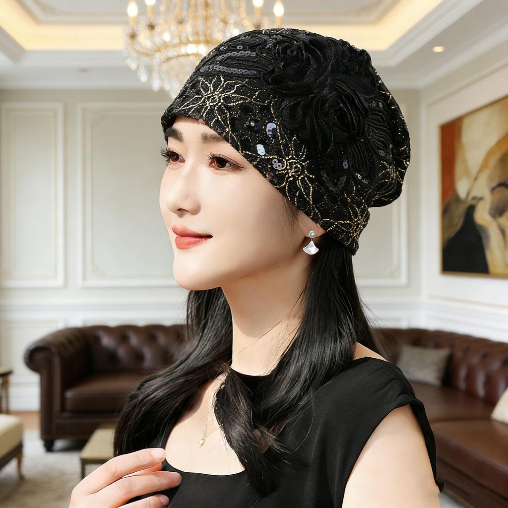 Omen Sequins Lace Turban Cap Flower Muslim Headwear Hat Female Head Wraps Ladies Bonnet Turbante Mejur